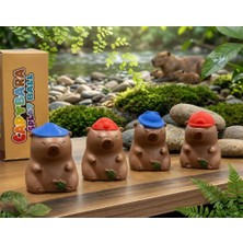 Farbu Oyuncak 6cm Küçük 4'lü Kırmızı ve Mavi Şapkalı Kapibara Mini Dekoratif Oyuncak Hayvan Figürü