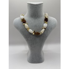 Net.Accessories Kahve-Krem-Gold Asimetrik Kolye