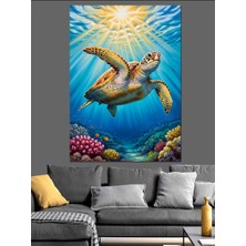Karizma Tablo Berrak Suda Yüzen Deniz Kaplumbağası Dekoratif Kanvas - Mdf Ahşap Tablo