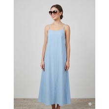 Gizelia Kadın Açık Mavi Ince Askılı Maxi Boy Keten Karışımlı Rahat Kesim Elbise
