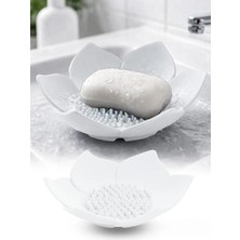 Omilife 2'li Beyaz Lotus Desenli Silikon Sabunluk Su Giderli Katı Sabun ve Sünger Organizer