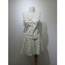 Gizelia Limon Desenli Vintage Stil Halter Yaka Yelek & Etek Takımı