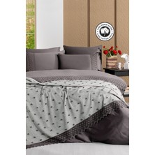 Evien Home %100 Pamuk Saten Nevresimli Pike Seti Dantelli Yatak Örtüsü Çeyiz Seti Çift Kişilik Antrasit 7 Parça