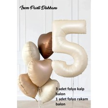 İrem Parti Dükkanı 5 Yaş Parti Retro Pastel Doğum Günü Seti 1 Adet Bej Krem Rakam Folyo, 3 Adet Kalp Folyo Balon