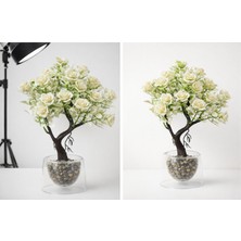 Aşkana Yapay Bonsai Gül Çiçek Ağaç 30 Cm,dekoratif Saksılı Mini Ağaç,masa Üstü Pleksi Saksılı Ev Dekoru