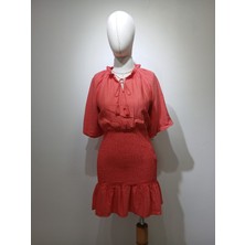 Gizelia Kadın Mercan Rengi Gipe Detaylı Mini Elbise