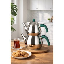Porsima 1029-2 Damla Bakalit Kulp Orta Boy Paslanmaz Çelik Çaydanlık Takımı - Yeşil - 1.25-2.00LT
