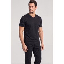 Paul & Shark Erkek Normal Kesim V Yaka %100 Pamuklu Metalik Logo Detaylı Kısa Kollu Siyah-Altın T-Shirt 26411019A-11G