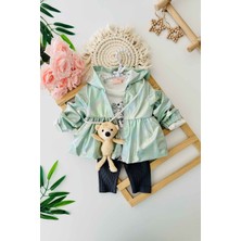 Butik Kız Bebek Ayıcık Çanta Detaylı Yağmurluklu 3'lü Alt Üst Takım