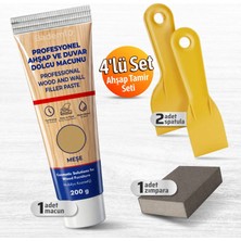 Badem10 (4'lü) Ahşap ve Duvar Tamir Seti (1 Adet) Meşe 200 Gr Dolgu Macunu 2 Adet Spatula + Kübik Zımpara