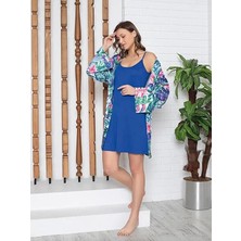 Sinem Çeyiz Lms 24602 Saks Mavi Çiçekli Modal Penye Gecelik Sabahlık Kimono Takım