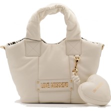 Love Moschino Kadın Örme Dokuma ve Deri Karışık Desen Metal Logo Geniş Ekru Omuz Çantası JC4322PP0NKM1-11A