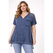 Rmg Eteği Bağlamalı Omuz Detaylı Büyük Beden Indigo Bluz