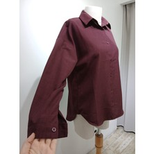 Gizelia Kadın Mürdüm Oversize Keten Görünümlü Uzun Kol Gömlek
