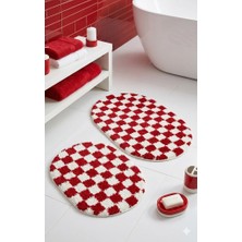 Eurobano Chess Dama Desenli 2'li Oval Bohem Banyo Paspası Lateks Kaymaz Makinede Yıkanabilir 60X100 60X50 cm