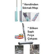 RSC Marketim Banyo Set / Kendinden Sıkmalı Mop  Yedek Bezli/ Kauçuk Uçlu Teleskopik Saplı Silikon Fırçalı Çekpas