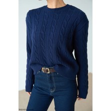 Qu Style Örgü Desenli Lacivert Renk Kazak