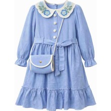 Gvn Kids Kız Çocuk Mavi Nakışlı Yakalı Elbise & Çanta Detaylı – Şık ve Sevimli Tasarım