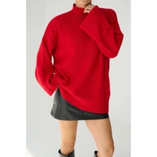 Qu Style Yarım Balıkçı Uzun Kırmızı Kazak