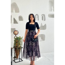 Dip Moda Kadın Siyah Kemer Detaylı Tül Etekli Midi Boy Elbise DPMY3931