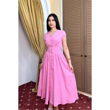 Dip Moda Kadın Pembe Feminen Kesim Bel Detaylı Düğmeli Midi Boy Elbise DPMY3924