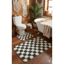 Eurobano Chess Dama Desenli Lateks Kaymaz Taban Makinede Yıkanabilir 2'li Bohem Banyo Paspası 80X50 50X40 cm