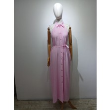 Gizelia Yaz Esintisi: Halter Yaka Düğmeli ve Kuşaklı Maxi Elbise - Pembe