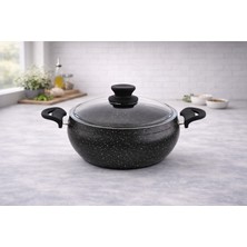 Lavonni Granit Pro 18 Cm Derin Granit Güveç Tencere Siyah Bakalit Saplı Cam Kapaklı Yapışmaz