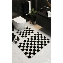 Eurobano Chess Dama Desenli Lateks Kaymaz Taban Makinede Yıkanabilir 2'li Bohem Banyo Paspası 80X50 50X40 cm