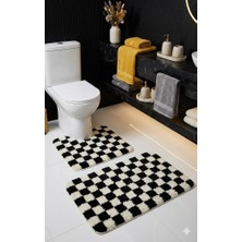 Eurobano Chess Dama Desenli Lateks Kaymaz Taban Makinede Yıkanabilir 2'li Bohem Banyo Paspası 60X100 60X50
