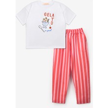 Le Mabelle Kırmızı Baskılı Çizgi Desenli Çocuk Tişört Pantolon Takım - Edna