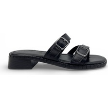 Vieris Siyah Hakiki Deri Çift Bantlı Toka Detaylı Günlük Kadın Terlik (05427)