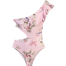 Look Me Sanatsal Sakura Desenli Asimetrik Kesim Cut-Out Kız Çocuk Mayo