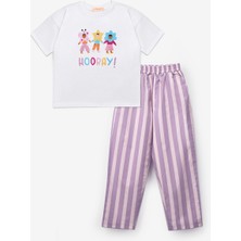 Le Mabelle Lila Baskılı Çizgi Desenli Çocuk Tişört Pantolon Takım - Edna