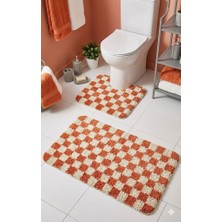 Eurobano Chess Dama Desenli Lateks Kaymaz Taban Makinede Yıkanabilir 2'li Bohem Banyo Paspası 60X100 60X50