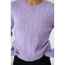 Qu Style Örgü Desenli Kazak Lila Renk