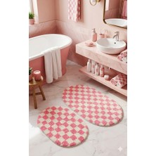 Eurobano Chess Dama Desenli 2'li Oval Bohem Banyo Paspası Lateks Kaymaz Makinede Yıkanabilir 60X100 60X50 cm
