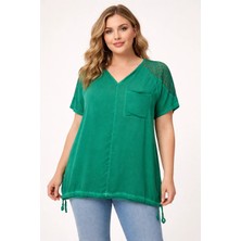 Rmg Eteği Bağlamalı Omuz Detaylı Büyük Beden Yeşil Bluz