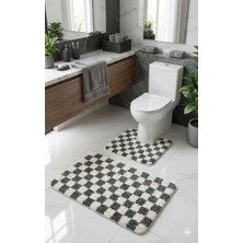 Eurobano Chess Dama Desenli Lateks Kaymaz Taban Makinede Yıkanabilir 2'li Bohem Banyo Paspası 60X100 60X50