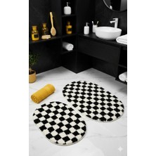 Eurobano Chess Dama Desenli 2'li Oval Bohem Banyo Paspası Lateks Kaymaz Makinede Yıkanabilir 60X100 60X50 cm
