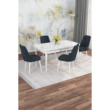 Asaella Mobilya Jusie Beyaz Mermer Desen 80X132 Açılabilir Sunta Masa Yemek Odası Takımı, Mutfak Takımı 4 Sandalye