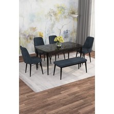 Asaella Mobilya Jusie Siyah Mermer 80X132 Açılabilir Sunta Masa Yemek Odası Takımı, Mutfak Takımı 4 Sandalye,1 Bench