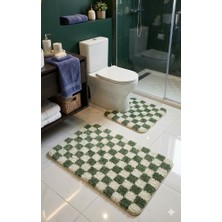 Eurobano Chess Dama Desenli Lateks Kaymaz Taban Makinede Yıkanabilir 2'li Bohem Banyo Paspası 60X100 60X50
