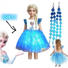 Elsa Işıklı Elbise Kostüm + Elsa Mavi Peruk Bubble Saç Seti Doğum Günü Parti Düğün Davet Özel Gün