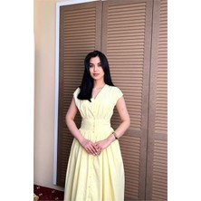 Dip Moda Kadın Sarı Feminen Kesim Bel Detaylı Düğmeli Midi Boy Elbise DPMY3924