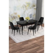 Asaella Mobilya Jusie Siyah Mermer Desen 80X132 Açılabilir Sunta Masa Yemek Odası Takımı, Mutfak Takımı 4 Sandalye