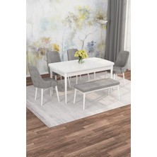 Asaella Mobilya Jusie Beyaz 80X132 Açılabilir Sunta Masa Yemek Odası Takımı, Mutfak Takımı 4 Adet Sandalye, 1 Bench