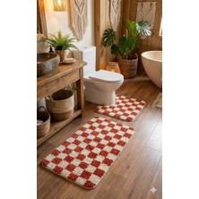 Eurobano Chess Dama Desenli Lateks Kaymaz Taban Makinede Yıkanabilir 2'li Bohem Banyo Paspası 80X50 50X40 cm