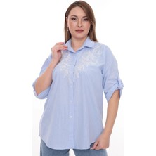 Lady Majestic Büyük Beden %100 Cotton Nakış Detaylı Çizgili Gömlek Şık ve Rahat