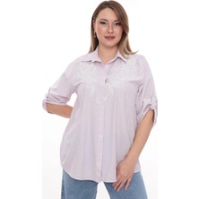 Lady Majestic Büyük Beden %100 Cotton Nakış Detaylı Çizgili Gömlek Şık ve Rahat
